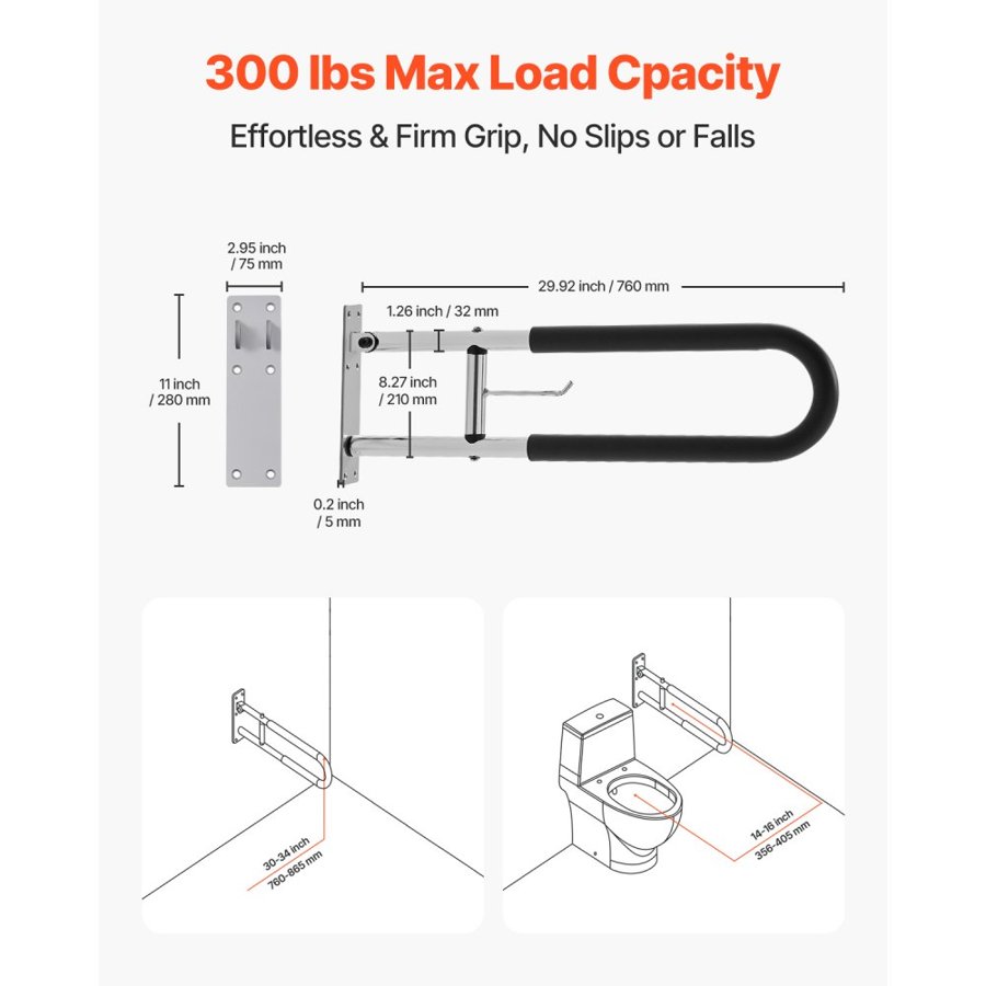 VEVOR Toilet Safety Rail, 30 Inch U-Shaped Handicap Grab Bar, Foldable Senior Safety Pole, Flip Up Toilet Grab Bars with Anti-Slip Handle, 300 Lbs Load Capacity Security Handrail with Paper Holder