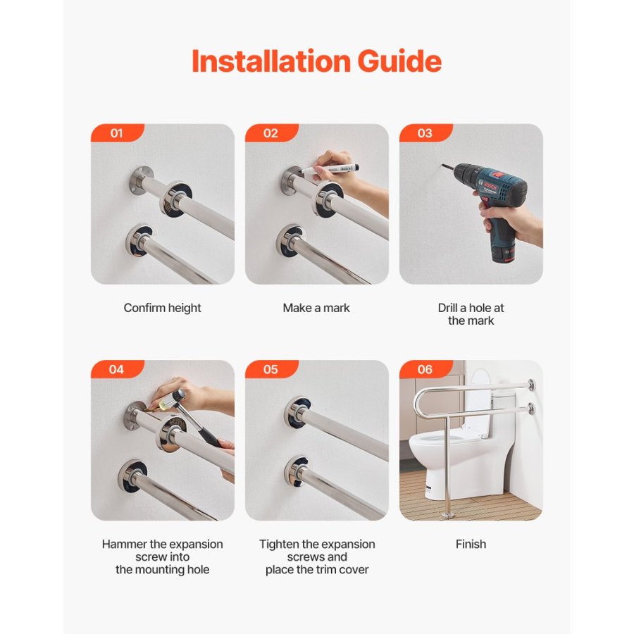 VEVOR U Shaped Grab Bar – 31.5 in, 300 lbs, Stainless Steel