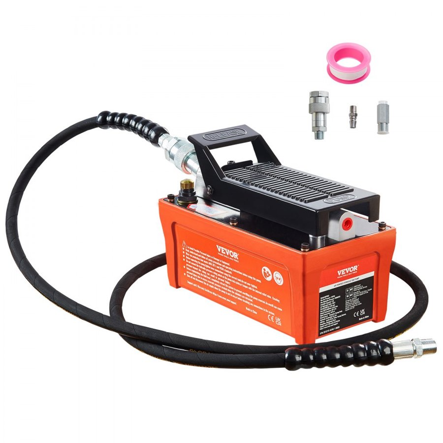 VEVOR Air Hydraulic Pump, 6895 bar 1.9L Reservoir, NPT 10mm Oil Outlet, NPT 6.4mm Inlet, 2m Pipe, Foot Actuated Hydraulic Pump Air Treadle for Auto Body Frame Machines and Pulling Post, Orange