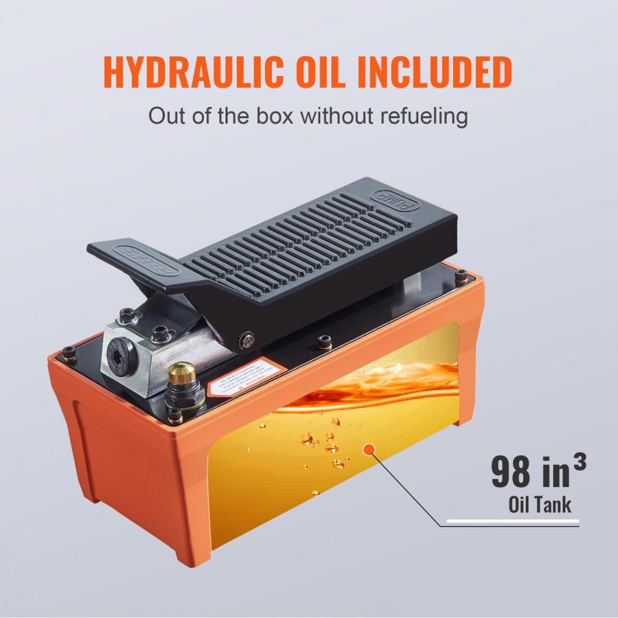 VEVOR Air Hydraulic Pump, 6895 bar 1.9L Reservoir, NPT 10mm Oil Outlet, NPT 6.4mm Inlet, 2m Pipe, Foot Actuated Hydraulic Pump Air Treadle for Auto Body Frame Machines and Pulling Post, Orange
