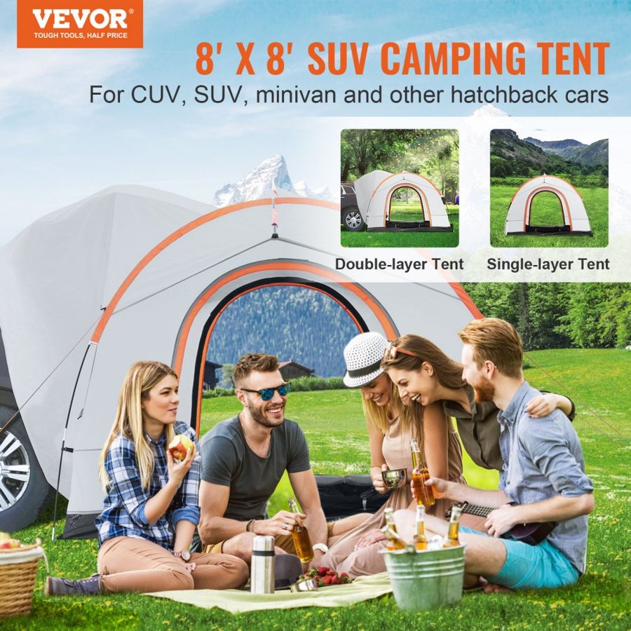 VEVOR SUV Camping Tent, 8'-8' SUV Tent Attachment for Camping with Rain Layer and Carry Bag, Waterproof PU2000mm Double Layer Truck Tent, Accommodate 6-8 Person, Rear Tent for Van Hatch Tailgate