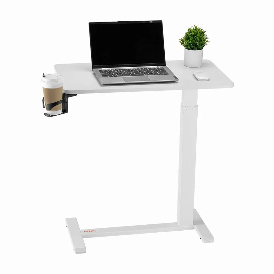VEVOR Overbed Table, Mobile Bed Side Table with 4 Hidden Wheels, Height Adjustable Rolling Laptop Desk with Cup Holder, Portable Particleboard Over Bed Desk for Home, Office, Study, White