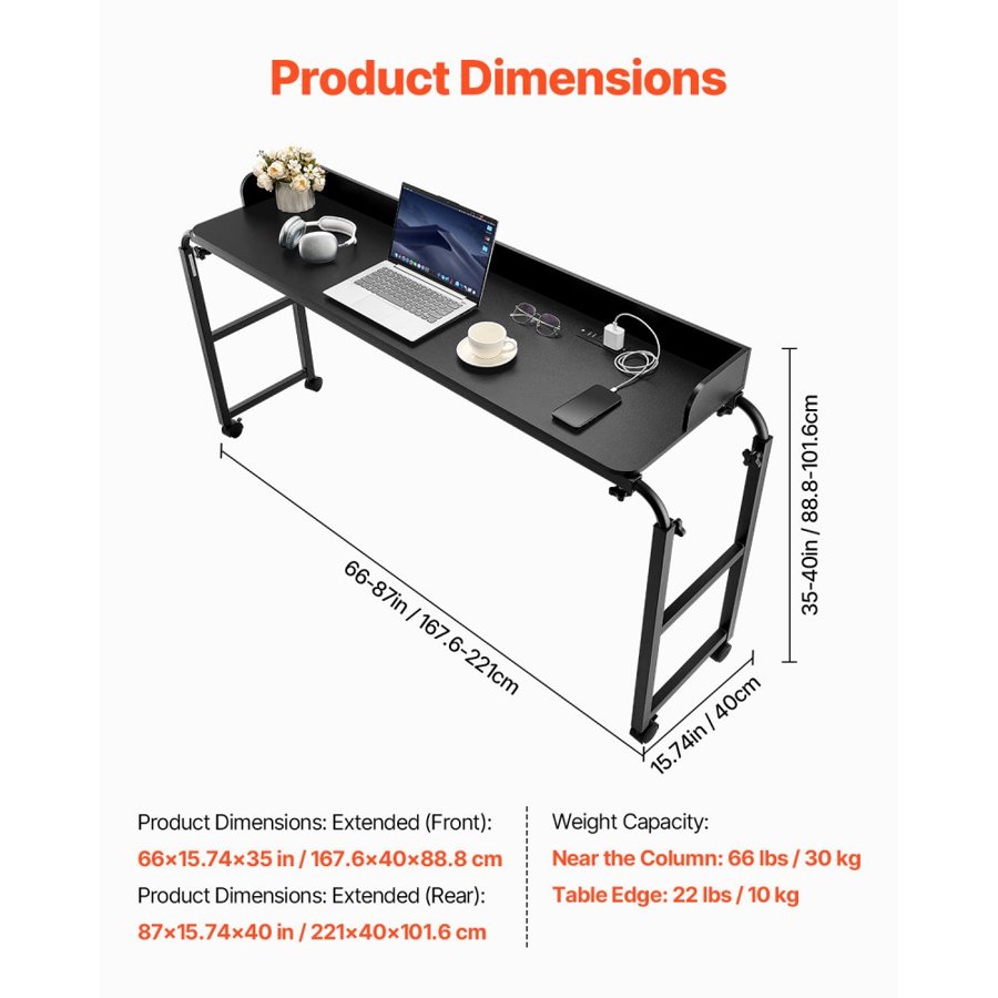 VEVOR Overbed Table, Mobile Bed Side Table with 4 Wheels (2 with Brakes) and Power Socket, Height Adjustable Rolling Laptop Desk, Portable Particleboard Over Bed Desk for Home, Office, Study, Black