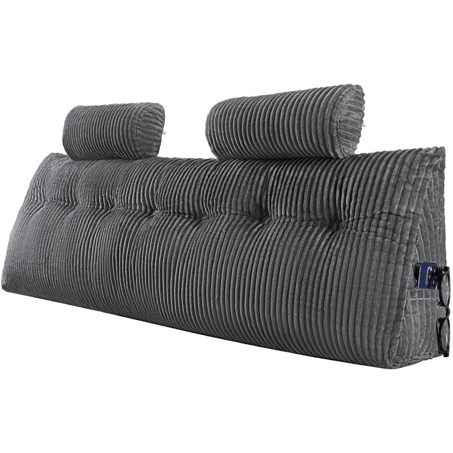 VEVOR Headboard Pillow, King Size Wedge Headboard Pillow with 2 Side Pockets and 2 Headrests, Bed Wedge Pillow with Washable Flannel Cloth, for Reading, Gaming, Resting, Working in Bed, Grey