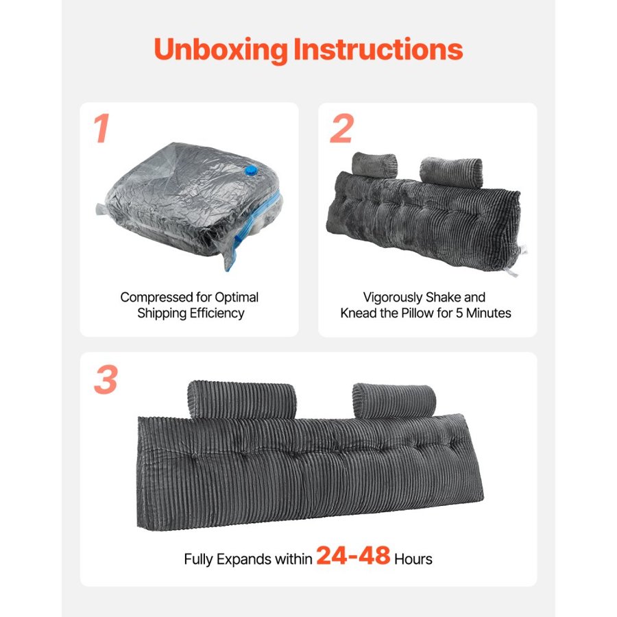 VEVOR Headboard Pillow, King Size Wedge Headboard Pillow with 2 Side Pockets and 2 Headrests, Bed Wedge Pillow with Washable Flannel Cloth, for Reading, Gaming, Resting, Working in Bed, Grey