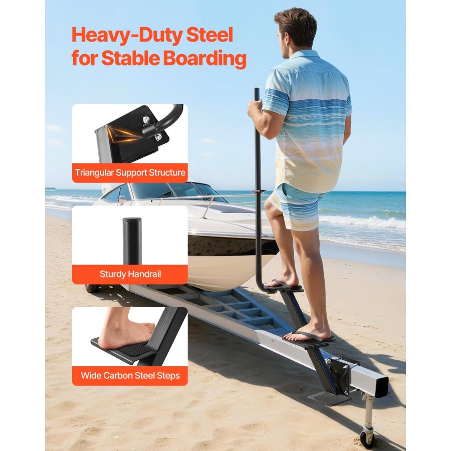 VEVOR Boat Trailer Steps, 3-Step, Heavy-Duty Boat Trailer Steps with Handle, Non-Slip Surface, 3 Mounting Angle Options, Steel Ladder for 76.2 x 76.2/76.2 x 127/101.6 x 101.6 mm Frame, Side Mounting