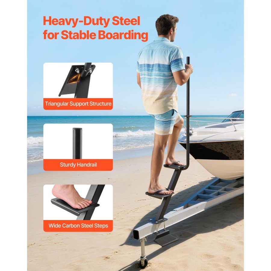 VEVOR Boat Trailer Steps, 3-Step, Heavy-Duty Boat Trailer Steps with Handle, Non-Slip Surface, 3 Mounting Angle Options, Steel Ladder for 76.2 x 76.2/76.2 x 127/101.6 x 101.6 mm Frame, Bottom Mounting