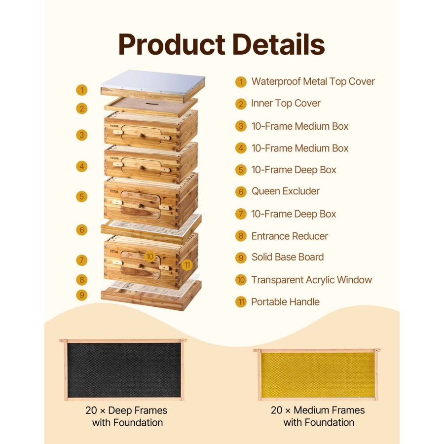 VEVOR Bee Hive 40 Frame Bee Hives Starter Kit, Beeswax Coated Fir Wood, 2 Deep + 2 Medium Bee Boxes Langstroth Beehive Kit, Transparent Acrylic Windows with Foundations for Beginners Pro Beekeepers