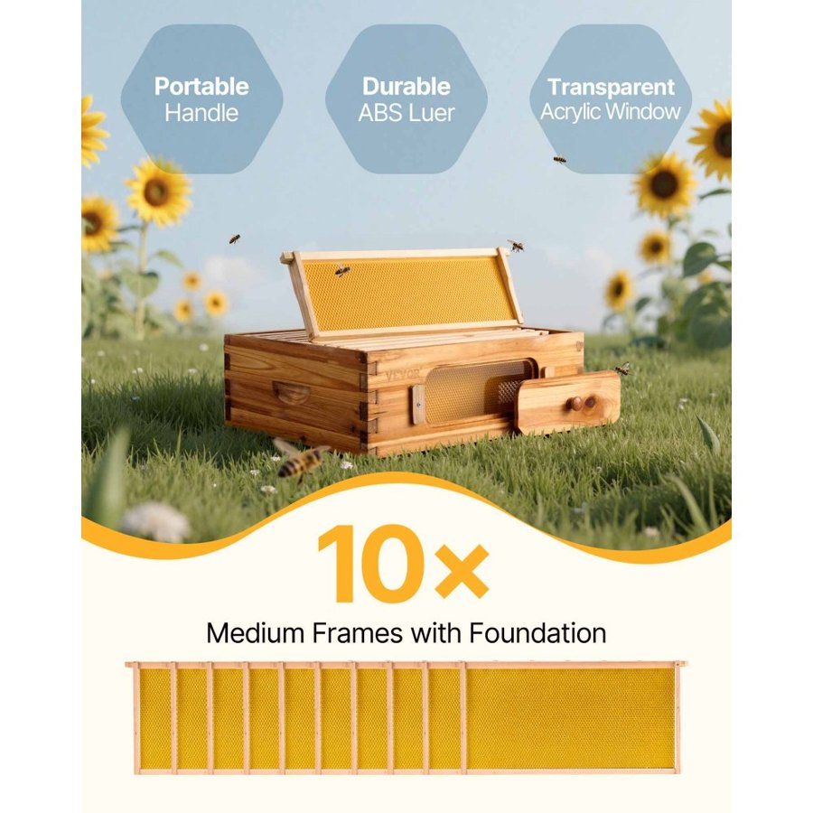 VEVOR Bee Hive Medium Box Starter Kit, 100% Beeswax Coated Natural Fir Wood, Langstroth Beehive Kit with 10 Frames and Foundations, Transparent Acrylic Bee Windows for Beginners and Pro Beekeepers