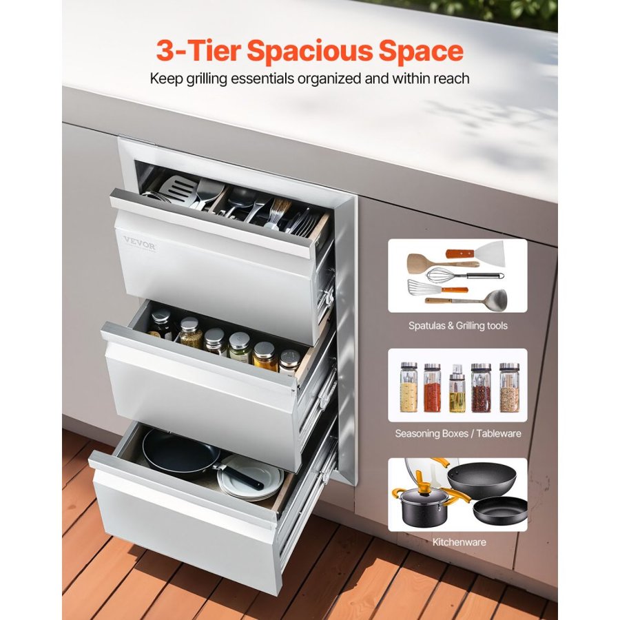 VEVOR 201 Stainless Steel Triple Access Drawer Outdoor Kitchen BBQ Island 48.3 cm x 66 cm