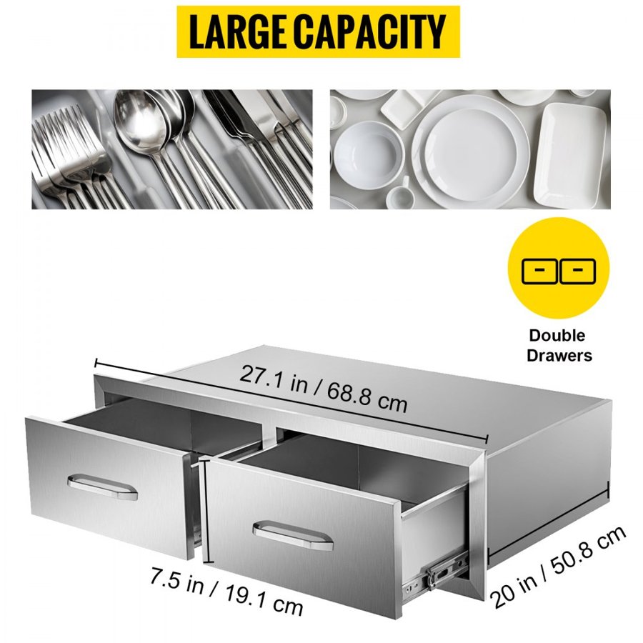 VEVOR Outdoor Kitchen Drawers 30\" W x 10\" H x 20\" D, Horizontal Double BBQ Access Drawers Stainless Steel with Handle, BBQ Island Drawers for Outdoor Kitchens or Patio Grill Station