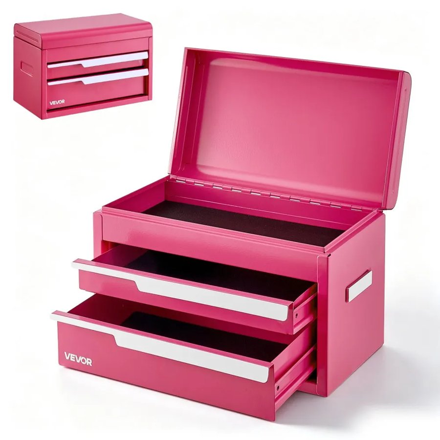 VEVOR Steel Tool Box with 2 Drawers and Top Storage Portable Metal Toolbox, for Garage Workshop Repair Shop Workbench, Magnetic Design, Heavy Duty Tool Storage Cabinet Organizer, with Liners, Pink