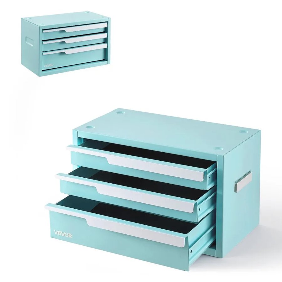 VEVOR Steel Tool Box with 3 Drawers Portable Metal Toolbox Heavy Duty Green, for Garage Workshop Repair Shop Workbench, Magnetic Design, Tool Chest Cabinet Storage Organizer, with Protective Liners