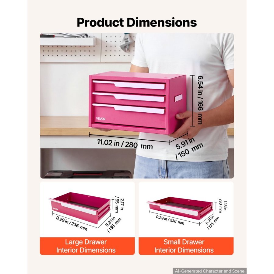 VEVOR Steel Tool Box with 3 Drawers Portable Metal Toolbox Heavy Duty Pink, for Garage Workshop Repair Shop Workbench, Magnetic Design, Tool Chest Cabinet Storage Organizer, with Protective Liners