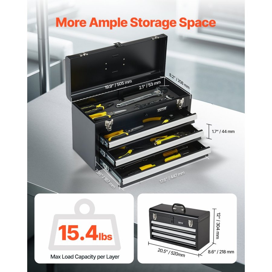 VEVOR 3 Drawer Portable Tool Box – 20.5 Inch, Metal Chest
