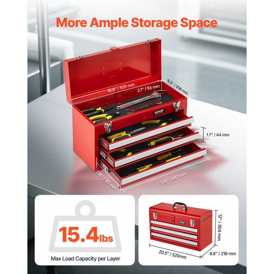 VEVOR 3 Drawer Metal Portable Tool Chest – 20.5 in, Red