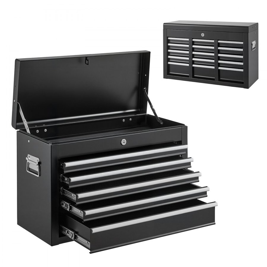 VEVOR Steel Tool Box 600 mm with 5 Drawers Portable Lockable Metal Toolbox, for Garage Workshop Repair Shop, Ball Bearing Drawer Slides, Auto-Locking Tool Storage Cabinet Organizer, with Handle, Black