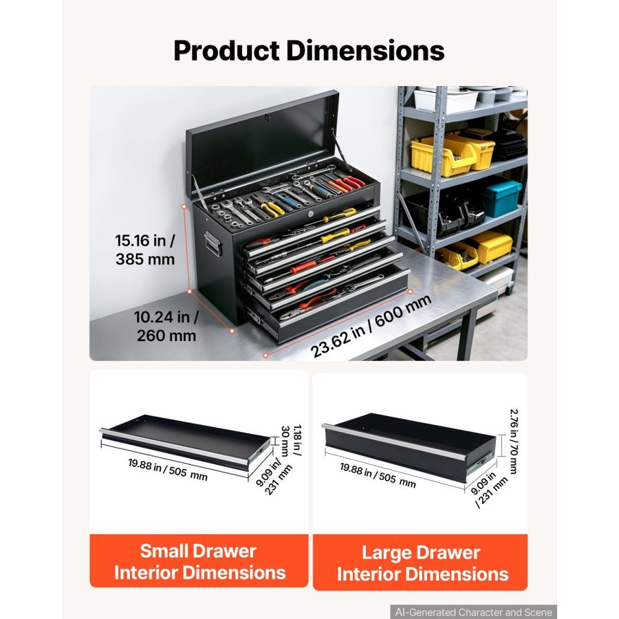 VEVOR Steel Tool Box 600 mm with 5 Drawers Portable Lockable Metal Toolbox, for Garage Workshop Repair Shop, Ball Bearing Drawer Slides, Auto-Locking Tool Storage Cabinet Organizer, with Handle, Black
