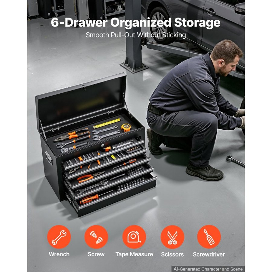 VEVOR Steel Tool Box 600 mm with 5 Drawers Portable Lockable Metal Toolbox, for Garage Workshop Repair Shop, Ball Bearing Drawer Slides, Auto-Locking Tool Storage Cabinet Organizer, with Handle, Black