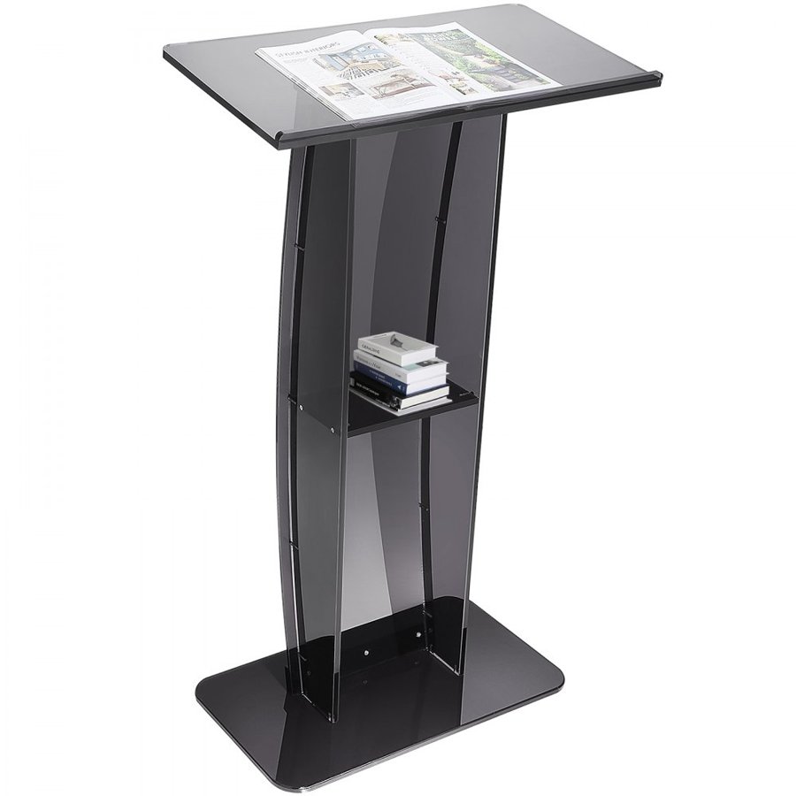 VEVOR Acrylic Podium, 119 cm Tall, Acrylic Podium Stand with Wide Reading Surface & Storage Shelf, Floor-standing Clear Pulpits Acrylic for Church Office School, Black
