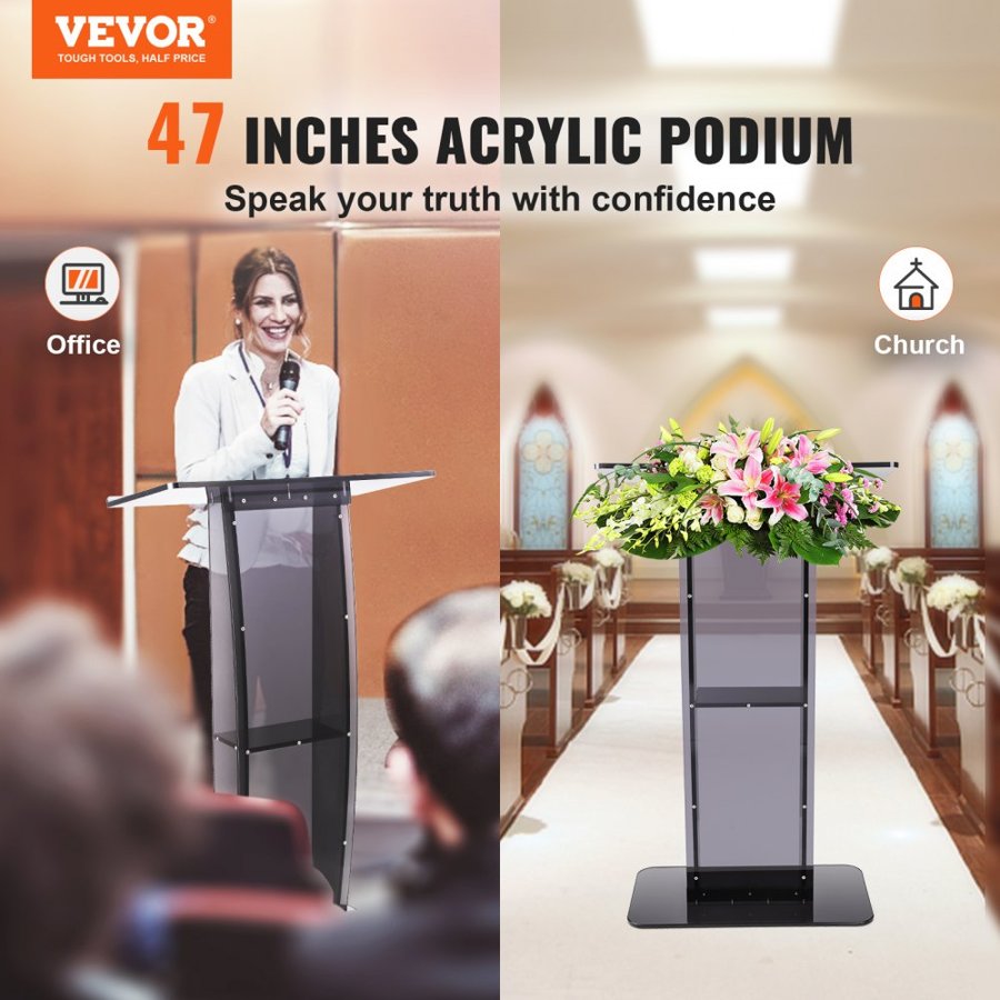 VEVOR Acrylic Podium, 119 cm Tall, Acrylic Podium Stand with Wide Reading Surface & Storage Shelf, Floor-standing Clear Pulpits Acrylic for Church Office School, Black