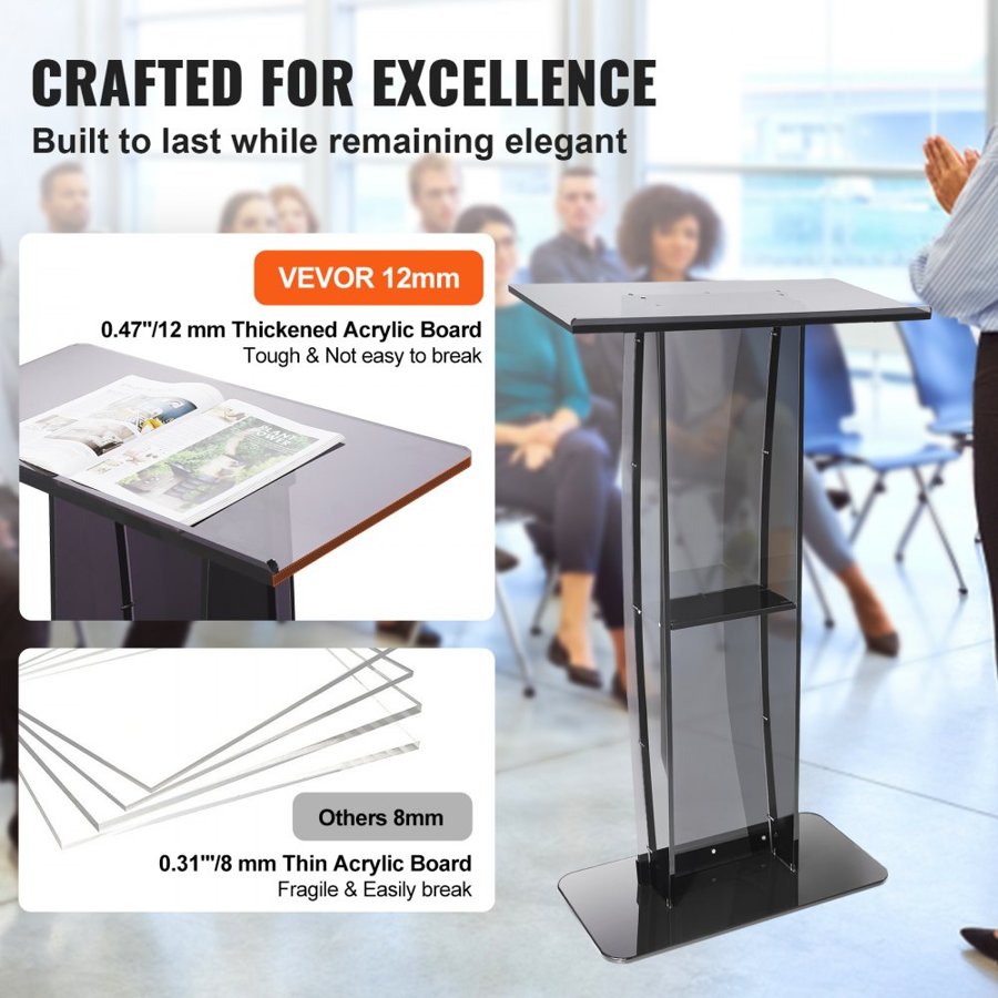 VEVOR Acrylic Podium, 119 cm Tall, Acrylic Podium Stand with Wide Reading Surface & Storage Shelf, Floor-standing Clear Pulpits Acrylic for Church Office School, Black