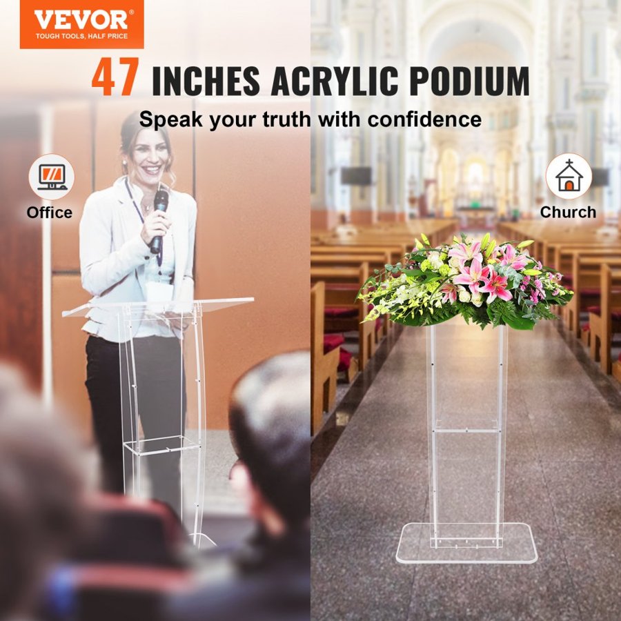 VEVOR Acrylic Podium, 119 cm Tall, Clear Acrylic Podium Stand with Wide Reading Surface & Storage Shelf, Floor-standing Clear Pulpits Acrylic for Church Office School