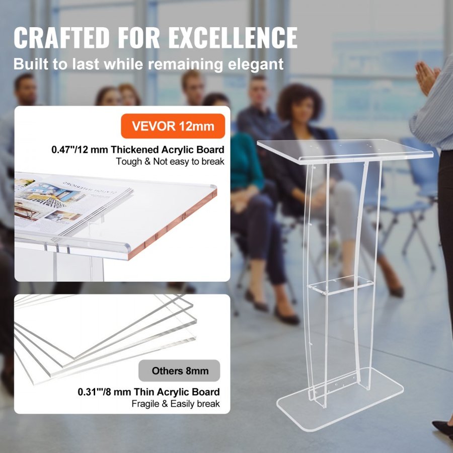 VEVOR Acrylic Podium, 119 cm Tall, Clear Acrylic Podium Stand with Wide Reading Surface & Storage Shelf, Floor-standing Clear Pulpits Acrylic for Church Office School