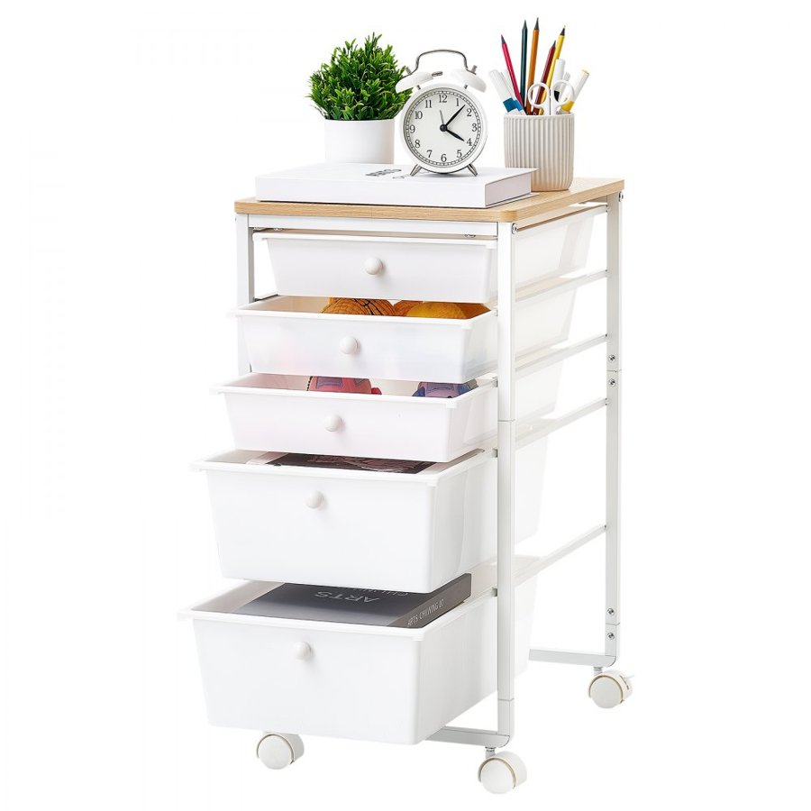 VEVOR Rolling Cart with Drawers, 5 Drawer Storage Organizer, Mobile Utility Cart with Wood Top, Steel Frame, Universal Casters & 2 Brakes, for Office, Classroom, Craft Supplies, Bedroom, Makeup, White