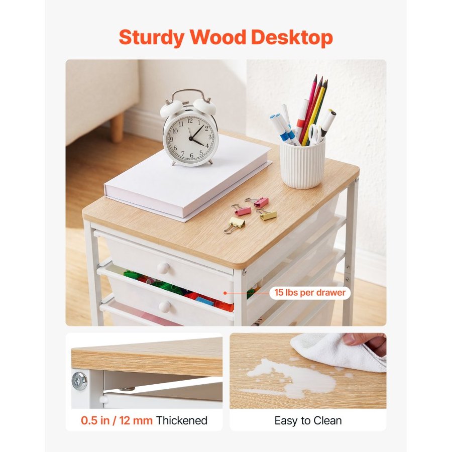 VEVOR Rolling Cart with Drawers, 5 Drawer Storage Organizer, Mobile Utility Cart with Wood Top, Steel Frame, Universal Casters & 2 Brakes, for Office, Classroom, Craft Supplies, Bedroom, Makeup, White
