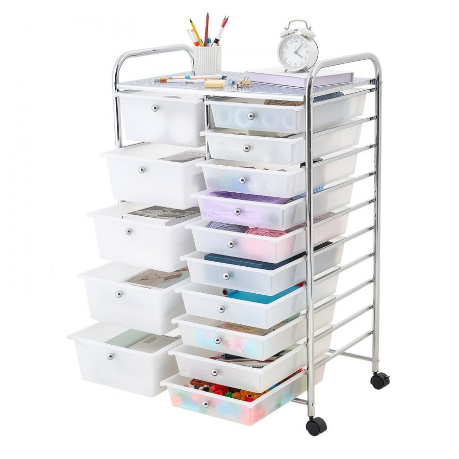 VEVOR Rolling Cart with Drawers, Double Row 15 Drawer Storage Organizer, Mobile Utility Cart with Chrome Steel Frame, Universal Casters & 2 Brakes, for Office, Classroom, Craft Room, Studio, Garage