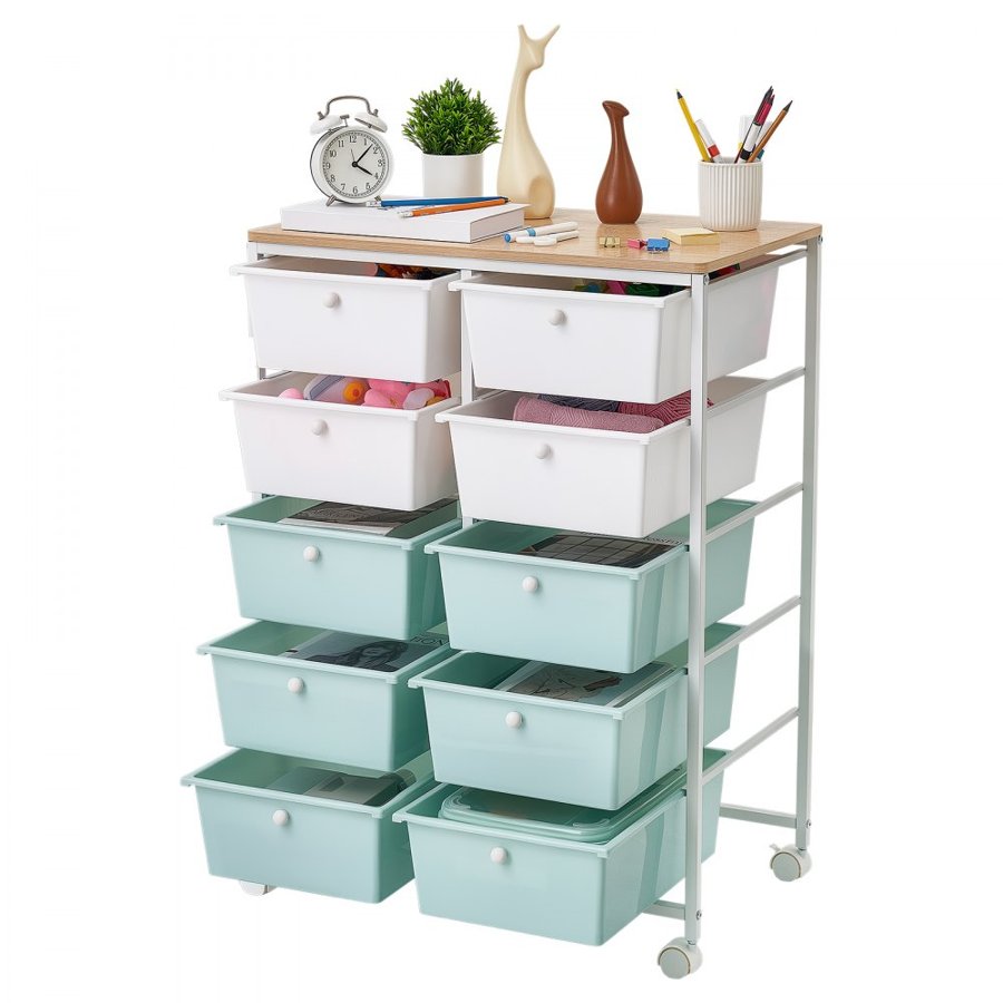 VEVOR Rolling Cart with Drawers, Double Row 10 Drawer Storage Organizer, Mobile Utility Cart, Wood Top, Steel Frame, Universal Casters & 2 Brakes, for Office, Classroom, Craft Room, Studio, Blue White