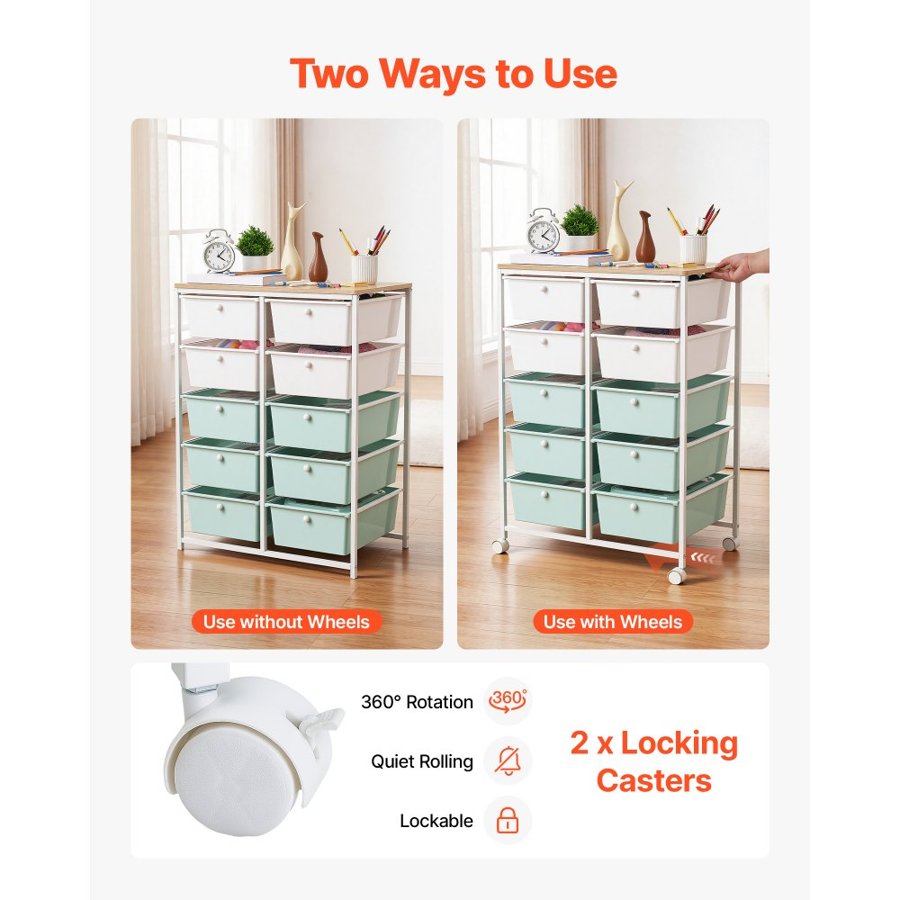 VEVOR Rolling Cart with Drawers, Double Row 10 Drawer Storage Organizer, Mobile Utility Cart, Wood Top, Steel Frame, Universal Casters & 2 Brakes, for Office, Classroom, Craft Room, Studio, Blue White
