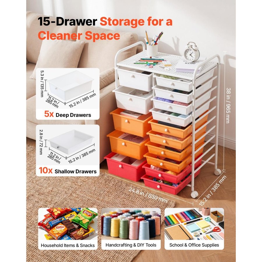 VEVOR Rolling Cart with Drawers, Double Row 15 Drawer Storage Organizer, Mobile Utility Cart, Steel Frame, Universal Casters & 2 Brakes, for Office, Classroom, Craft Room, Studio, Garage, Gradient Red
