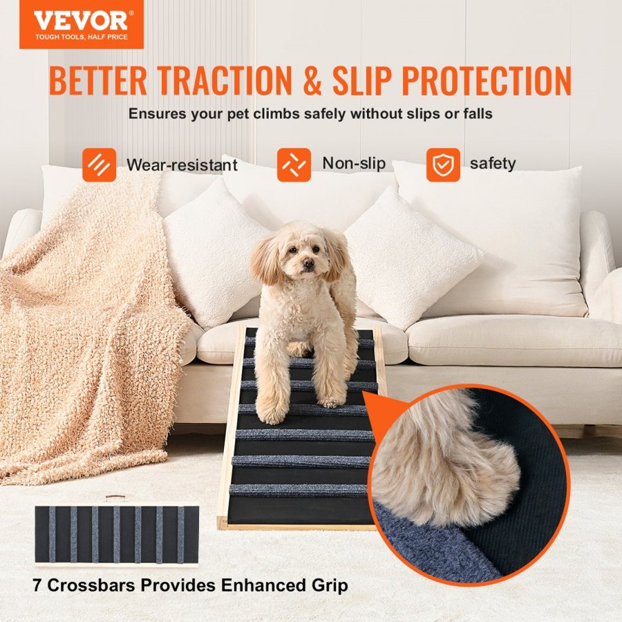 VEVOR Dog Ramp, Folding Pet Ramp for Bed, Adjustable Dog Ramp for Small, Large, Old Dogs & Cats, Wooden Pet Ramp with 100 cm Long Ramp, Adjustable from 38 cm to 56 cm, Suitable for Couch, Sofa, Car