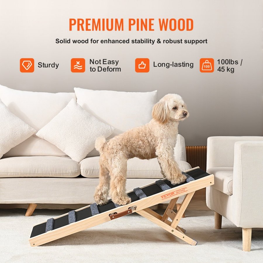 VEVOR Dog Ramp, Folding Pet Ramp for Bed, Adjustable Dog Ramp for Small, Large, Old Dogs & Cats, Wooden Pet Ramp with 100 cm Long Ramp, Adjustable from 38 cm to 56 cm, Suitable for Couch, Sofa, Car