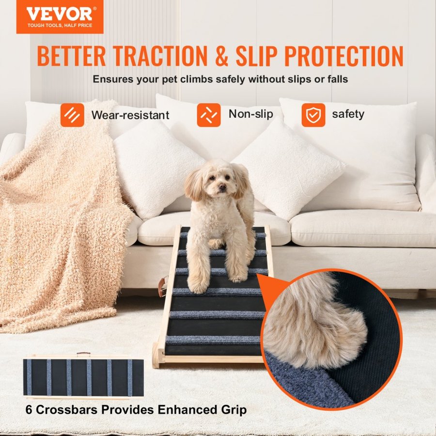 VEVOR Dog Ramp, Folding Pet Ramp for Bed, Adjustable Dog Ramp for Small, Large, Old Dogs & Cats, Wooden Pet Ramp with 105 cm Long Ramp, Adjustable from 35 cm to 65 cm, Suitable for Couch, Sofa, Car