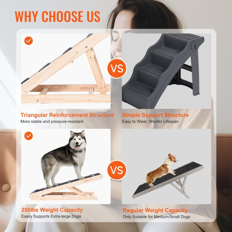 VEVOR Dog Ramp, Folding Pet Ramp for Bed, Adjustable Dog Ramp for Small, Large, Old Dogs & Cats, Wooden Pet Ramp with 105 cm Long Ramp, Adjustable from 35 cm to 65 cm, Suitable for Couch, Sofa, Car