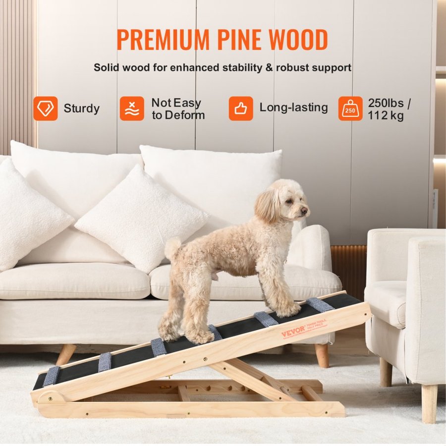 VEVOR Dog Ramp, Folding Pet Ramp for Bed, Adjustable Dog Ramp for Small, Large, Old Dogs & Cats, Wooden Pet Ramp with 105 cm Long Ramp, Adjustable from 35 cm to 65 cm, Suitable for Couch, Sofa, Car
