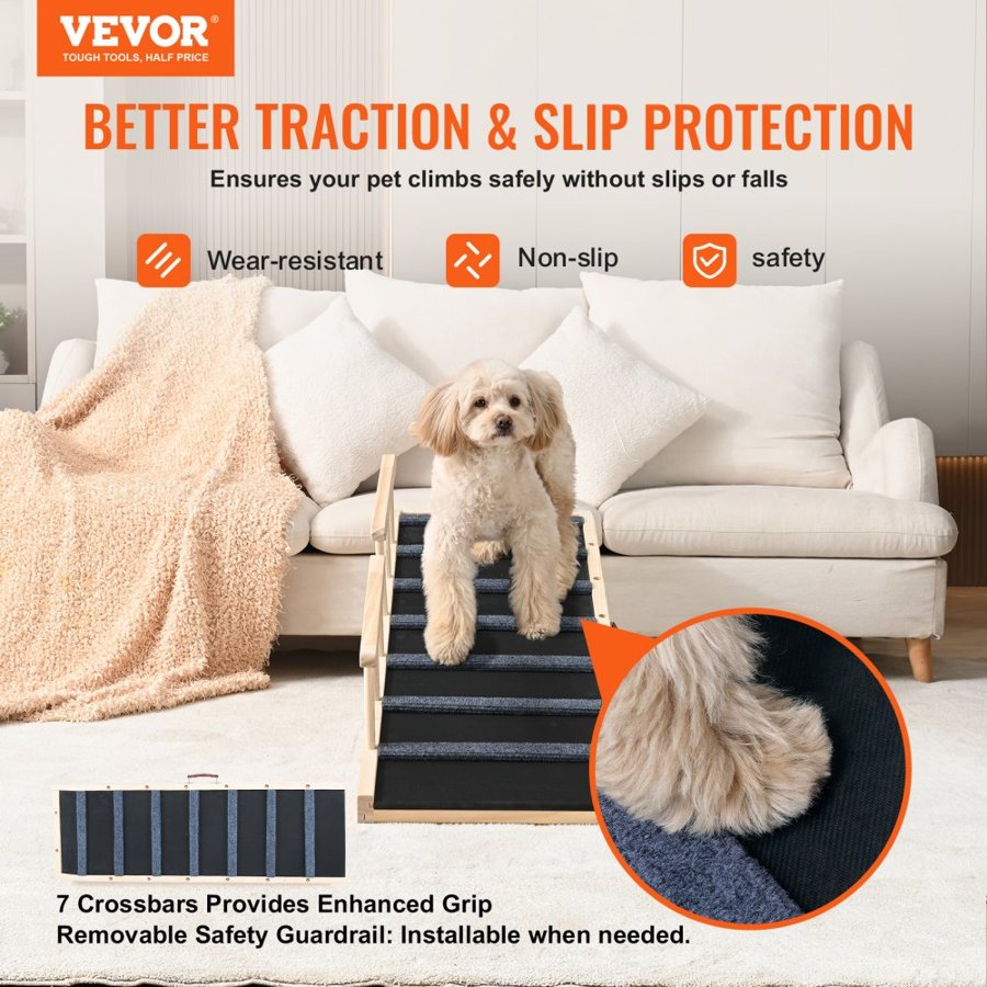 VEVOR Dog Ramp, Folding Pet Ramp for Bed, Adjustable Dog Ramp for Small, Large, Old Dogs & Cats, Wooden Pet Ramp with 120 cm Long Ramp, Adjustable from 35 cm to 70 cm, Suitable for Couch, Sofa, Car