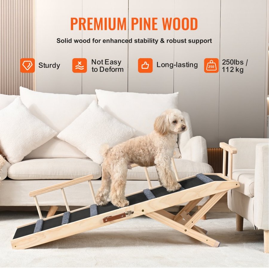 VEVOR Dog Ramp, Folding Pet Ramp for Bed, Adjustable Dog Ramp for Small, Large, Old Dogs & Cats, Wooden Pet Ramp with 120 cm Long Ramp, Adjustable from 35 cm to 70 cm, Suitable for Couch, Sofa, Car
