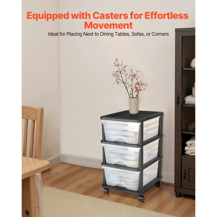 VEVOR Plastic Storage Drawers Cart, 3 Drawers Storage Organizer with Wheels, Rolling Closet Organization and Storage Dividers, Dresser Organizer Clear Bins for Office Supplies, Craft Rooms, Classrooms