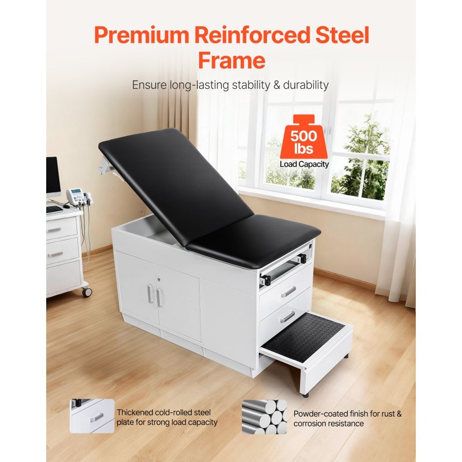 VEVOR Pro Medical Exam Table, Medical Examination Bed with Adjustable Backrest, Physical Therapy Exam Table with Locking Cabinet, 2 Drawers, Paper Roll Dispenser, Step Stool & Leg Rest, 227kg Loading
