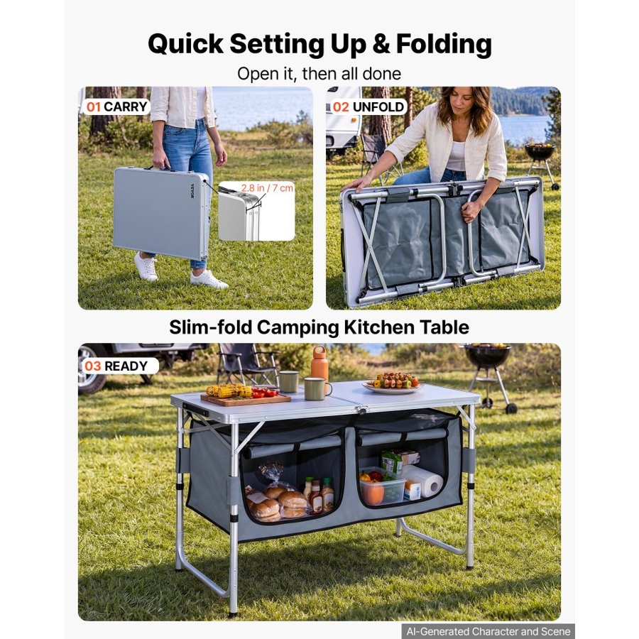 VEVOR Camping Kitchen Table Folding Portable Cook Station 3 Adjustable Heights