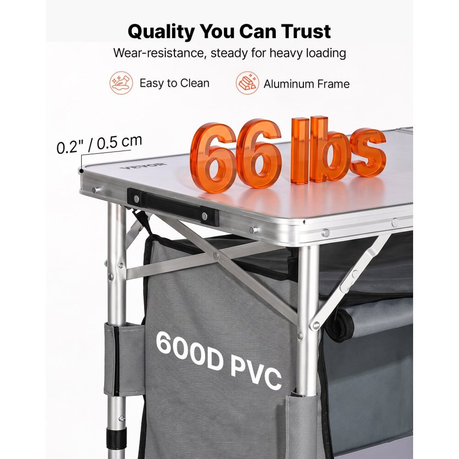 VEVOR Camping Kitchen Table Folding Portable Cook Station 3 Adjustable Heights