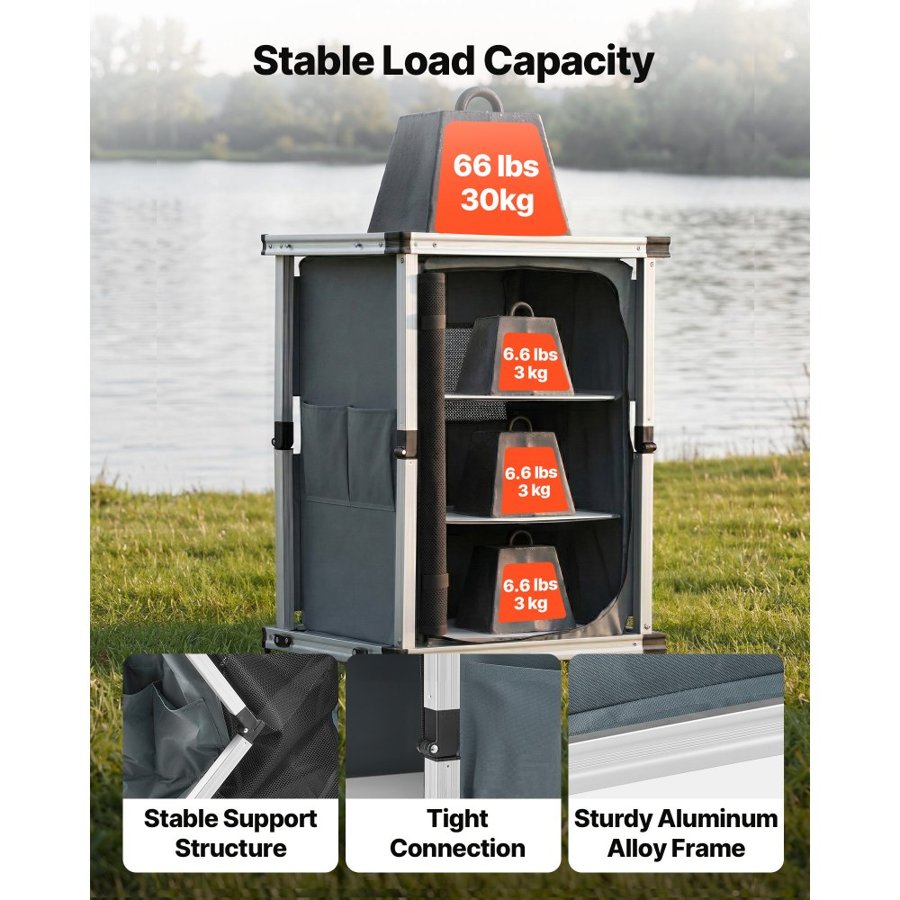 VEVOR Folding Camping Storage Cabinet – 3 Shelves, 66 lbs