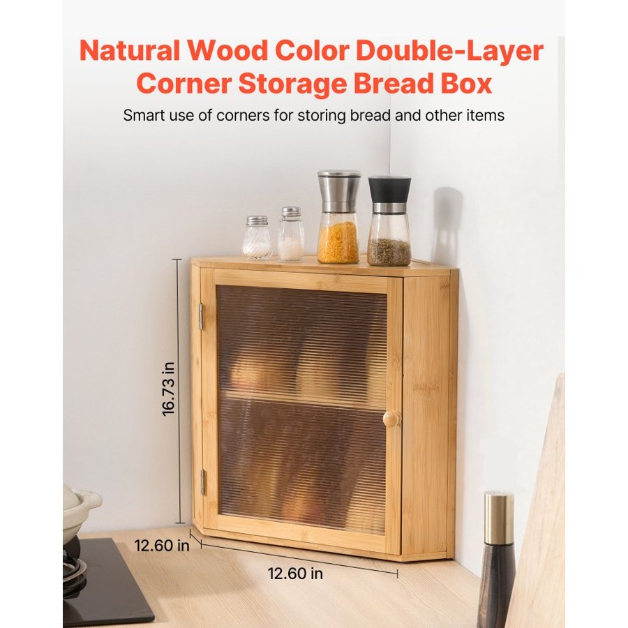 VEVOR Corner Bread Box for Kitchen Counter, Double Layer Large Capacity Bamboo Bread Storage Container, Farmhouse Wooden Breadbox for Homemade Bread, Storage Holder Bin with Acrylic Wavy Door, Natural
