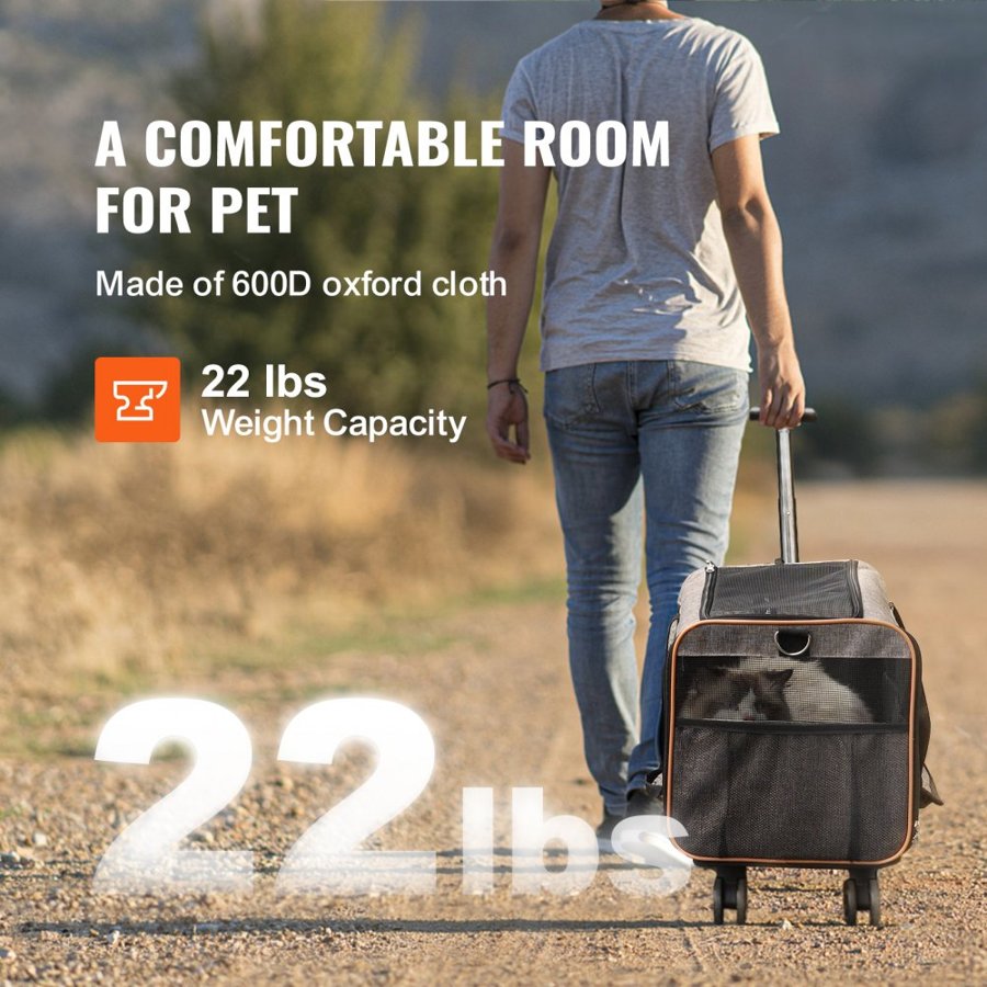 VEVOR Cat Carrier with Wheels, Airline Approved Rolling Pet Carrier with Telescopic Handle and Shoulder Strap, Dog Carrier with Wheels for Pets under 22 lbs, with 1 Folding Bowl, Grey