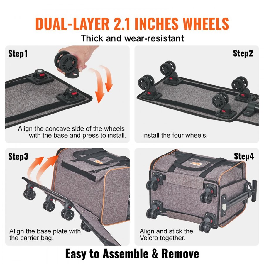 VEVOR Cat Carrier with Wheels, Airline Approved Rolling Pet Carrier with Telescopic Handle and Shoulder Strap, Dog Carrier with Wheels for Pets under 22 lbs, with 1 Folding Bowl, Grey