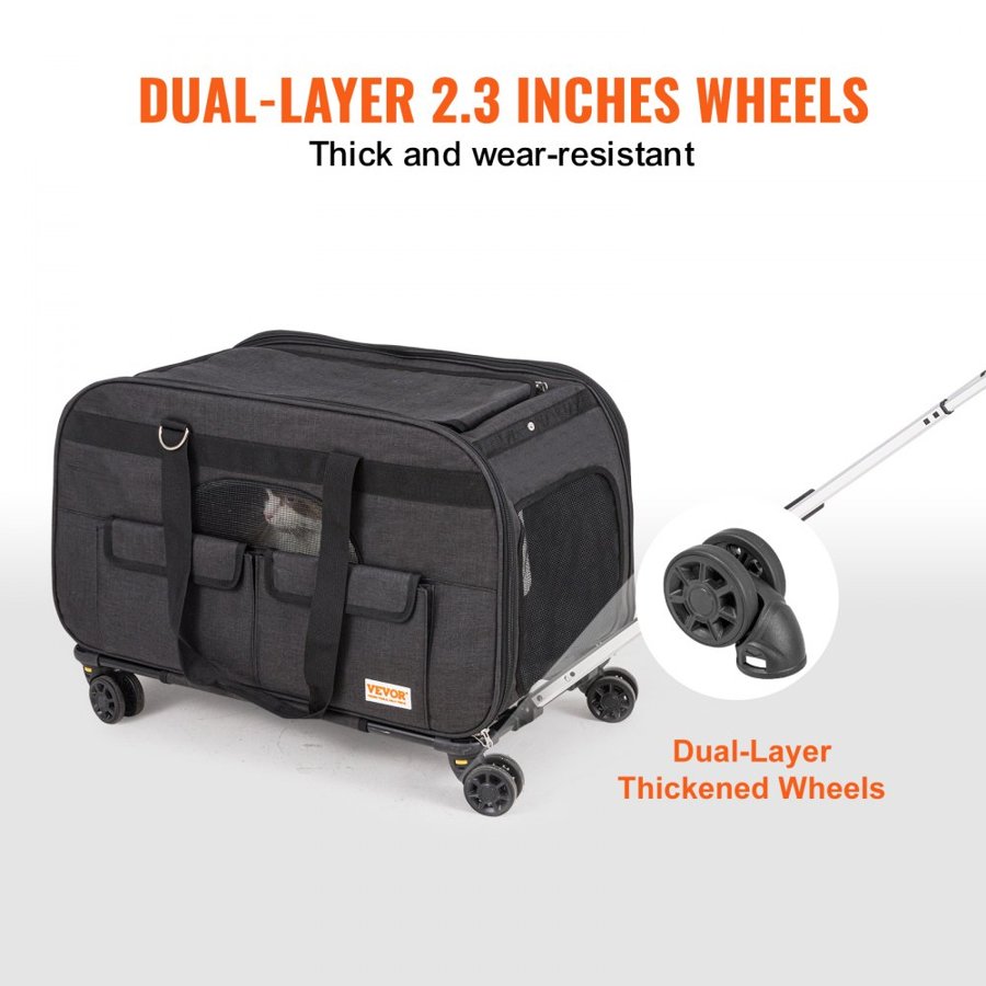 VEVOR Cat Carrier with Wheels, Rolling Pet Carrier with Telescopic Handle and Shoulder Strap, Dog Carrier with Wheels for Pets under 15.9 kg, with 1 Folding Bowl, Black